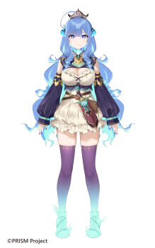 1girl aqua_shoes blue_eyes blue_hair blue_sleeves breasts cleavage closed_mouth commentary_request copyright_notice dress dullahan frilled_dress frills full_body gradient_thighhighs highres horns long_hair long_sleeves nail_polish official_art prism_project puffy_long_sleeves puffy_sleeves purple_nails purple_thighhighs rikudou_yura shoes simple_background smile solo standing striped_sleeves symbol-shaped_pupils thighhighs tiara virtual_youtuber weapon white_background white_dress x-shaped_pupils yaman
