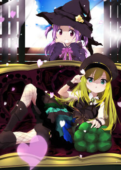 2girls absurdres alina_gray aqua_eyes green_hair hat highres long_hair looking_at_viewer magia_record:_mahou_shoujo_madoka_magica_gaiden magical_girl mahou_shoujo_madoka_magica misono_karin multiple_girls purple_eyes sengoku_chidori short_sleeves smile