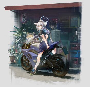 1boy 2girls alternate_costume animal_ear_fluff animal_ears aqua_necktie aqua_scarf black_hair black_shirt black_shoes blue_archive blue_halo blue_skirt border box cat_ears commentary_request cross_hair_ornament full_body grey_hair hair_between_eyes hair_ornament halo highres holding holding_box long_hair looking_at_viewer master_shiba_(blue_archive) motor_vehicle motorcycle multiple_girls necktie outdoors plant potted_plant red_halo scarf serika_(blue_archive) shiba_inu shiroko_(blue_archive) shirt shoes short_sleeves sidelocks skirt sneakers taru_kira twintails vehicle_request very_long_hair white_border wolf_ears