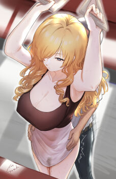 1boy 1girl anko_dechau arms_up blonde_hair breasts cleavage collarbone expressionless fingernails hetero highres large_breasts legs_together long_hair molestation motion_lines oriana_thomason rape signature solo_focus standing sweat train train_interior trembling