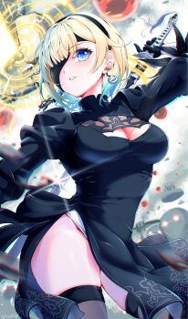 1girl 2b_(nier:automata) 2b_(nier:automata)_(cosplay) absurdres aizawa_ema black_dress black_gloves black_hairband black_thighhighs blindfold blindfold_lift blonde_hair blue_eyes blue_hair blunt_bangs breasts cleavage cleavage_cutout clothing_cutout cosplay dress earrings feather-trimmed_sleeves gloves gradient_hair hairband highres jewelry juliet_sleeves large_breasts leotard leotard_peek long_sleeves looking_at_viewer motoja_72p multicolored_hair nier:automata nier_(series) parted_lips pod_(nier:automata) puffy_long_sleeves puffy_sleeves short_hair side_slit skindentation solo thighhighs virtual_youtuber virtuous_contract vspo! weapon white_leotard