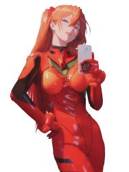 Rule 34 | 1girl, absurdres, artist request, blue eyes, bodysuit, breasts, brown hair, cellphone, curvy, grin, hand on own hip, highres, holding, holding phone, lips, long hair, looking at viewer, neon genesis evangelion, phone, red bodysuit, selfie, shiny clothes, simple background, smartphone, smile, souryuu asuka langley, standing, thighs, two side up, very long hair, white background, wide hips