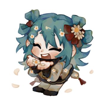 blue_hair chibi closed_eyes eyelashes falling_petals flower hair_between_eyes hair_flower hair_ornament hatsune_miku jacket long_sleeves makeup open_hands open_mouth petals pleated_skirt rouge_(makeup) shoes short_eyebrows simple_background skirt square suuroku teeth upper_teeth_only vocaloid white_background white_flower