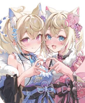 2girls ame929 animal_ear_fluff animal_ears blonde_hair blue_eyes blue_kimono blue_nails blue_streaks blush breasts closed_mouth dog_ears dog_girl fang flower fuwawa_abyssgard fuwawa_abyssgard_(new_year) hair_flower hair_ornament heart heart_hands heart_hands_duo hololive hololive_english japanese_clothes kimono large_breasts long_hair looking_at_viewer mococo_abyssgard mococo_abyssgard_(new_year) multicolored_hair multiple_girls nail_polish official_alternate_costume open_mouth pink_eyes pink_kimono pink_streaks ponytail skin_fang small_breasts smile streaked_hair virtual_youtuber white_background