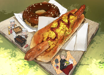 1girl apron artist_name black_shirt chef_hat chocolate_icing commentary_request cooking creature demizu_posuka donut food food_focus grey_hair grilling hat holding holding_tongs hot_dog hot_dog_bun icing ketchup ketchup_bottle mini_person minigirl mustard_bottle napkin original outdoors oversized_food oversized_object picnic_blanket red_skirt sausage shade shirt skirt tongs white_apron