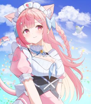 1girl absurdres ahoge animal_ears animal_print bell belt black_corset blue_bow blue_ribbon blue_sky blush bow braid breasts bug butterfly cat_ears cat_girl cat_hair_ornament cat_print cat_tail cleavage closed_mouth cloud cloudy_sky corset day dress extra_ears hair_bow hair_ornament hairclip heart heart_print highres indie_virtual_youtuber insect jingle_bell large_breasts long_hair maid maid_headdress masamune-tan neck_bell neck_ribbon pink_dress pink_eyes pink_hair pink_tail ribbon short_sleeves sky smile solo star_(symbol) star_hair_ornament suspenders tail tail_ornament tail_ribbon two_side_up virtual_youtuber white_belt white_butterfly white_dress yuuki_sakuna yuuki_sakuna_(3rd_costume)