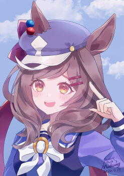 1girl absurdres animal_ears blue_hat brown_hair ear_covers ear_ornament ears_through_headwear hair_ornament hairclip hat highres horse_ears horse_girl makong6593 matikanetannhauser_(umamusume) medium_hair multicolored_hair newsboy_cap portrait school_uniform streaked_hair tilted_headwear tracen_school_uniform umamusume