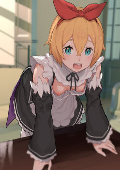 1girl 2022 20s alternate_costume aqua_eyes azuse_neko bad_id bad_twitter_id black_dress blurry blurry_background blush bow breasts commentary_request detached_sleeves downblouse dress female_focus hair_between_eyes hair_bow highres indoors leaning_forward loli looking_at_viewer nipple_slip nipples open_mouth orange_hair petra_leyte re:zero_kara_hajimeru_isekai_seikatsu red_bow roswaal_mansion_maid_uniform short_hair small_breasts solo table upper_body white_legwear