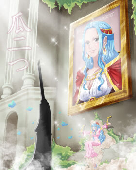 1girl 1other artist_name black_robe blue_butterfly blue_hair bug butterfly chancil closed_eyes closed_mouth commentary commentary_request dress earrings english_commentary hair_ornament highres imu_(one_piece) indoors insect instagram_logo jewelry long_hair long_sleeves mixed-language_commentary moss nefertari_d._lily nefertari_vivi one_piece pink_dress portrait_(object) robe silhouette sitting smile sparkle standing twitter_logo twitter_username unconscious watermark web_address