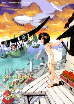 1boy 1girl aircraft airplane artist_name aviator_cap aviator_goggles bad_id barefoot bird black_eyes black_hair building car closed_mouth cloud commentary dirigible dress floatplane flower flying gloves goggles goggles_on_headwear house lighthouse loli looking_at_another motor_vehicle ocean open_mouth orange_clouds original outdoors port propeller railroad_tracks red_flower red_scarf sailing_ship scarf scenery seagull seaplane see-through_clothes see-through_dress ship short_dress short_hair smile standing sundress sunset thumbs_up train tsuzuki_kazuhiko watercraft watermark web_address white_dress white_gloves windmill