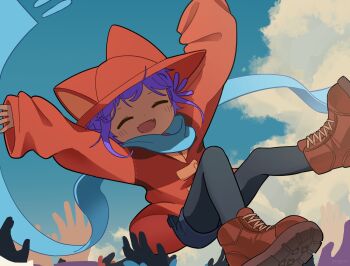 1girl 1other 3boys :d alula_(oneshot) androgynous animal_hat black_socks blue_scarf blue_shorts blue_sky boots brown_boots brown_coat brown_hat calamus_(oneshot) cat_hat child closed_eyes cloud coat commentary crowd_surfing english_commentary fangs full_body hat highres lace-up_boots lamplighter_(oneshot) long_scarf long_sleeves multiple_boys niko_(oneshot) oneshot_(game) open_mouth other_focus out_of_frame prototype_(oneshot) pungsun purple_hair scarf short_hair shorts skin_fangs sky sleeves_past_wrists smile socks solo_focus