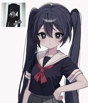 1girl black_eyes black_hair black_shirt closed_mouth grey_skirt hair_between_eyes hand_on_own_hip hatsune_miku highres ima_sugu_rinne_(vocaloid) light_frown long_hair looking_at_viewer neckerchief red_neckerchief reference_inset sailor_collar school_uniform screenshot_inset shirt short_sleeves sidelocks simple_background skirt solo star-shaped_pupils star_(symbol) symbol-shaped_pupils twintails very_long_hair vocaloid white_background white_sailor_collar woolly_(ll_0o0)