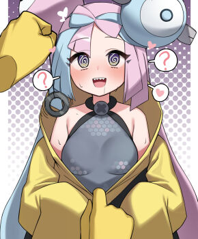 1girl :d ? @_@ absurdres blush bow-shaped_hair breasts character_hair_ornament coin commentary gen_1_pokemon grey_shirt hair_ornament heart highres holding holding_string holed_coin hypno hypnosis iono_(pokemon) jacket long_hair mind_control multicolored_hair nintendo open_mouth pendulum pokemon pokemon_(creature) pokemon_scarlet_and_violet shirt sleeveless sleeveless_shirt smile spoken_heart spoken_question_mark string sweat teeth two-tone_hair upper_body upper_teeth_only yellow_jacket ziro_(zirorong)
