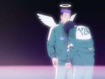 Rule 34 | 2boys, angel, black hair, blood, blood on clothes, blood on hands, bloom, buzz cut, feathered wings, feet out of frame, green track suit, halo, hashtag-only commentary, head down, highres, male focus, mini wings, multiple boys, nam-gyu, print shirt, purple hair, shirt, short hair, squid game, surprised, thanos (squid game), track suit, uxjaw9kk7171352, very short hair, white wings, wide-eyed, wings