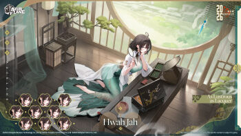1girl ahoge architecture azur_lane black_shoes blue_eyes bonsai brown_hair commentary dress east_asian_architecture english_commentary expression_chart green_dress high_heels highres hwah_jah_(as_lustrous_as_lacquer)_(azur_lane) hwah_jah_(azur_lane) long_dress official_alternate_costume official_art shoes short_hair solo