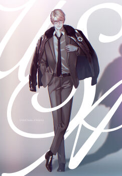 1boy absurdres ahoge america_(hetalia) axis_powers_hetalia belt black-framed_eyewear black_belt black_necktie black_shoes black_socks blonde_hair blue_eyes brown_jacket brown_pants buttons character_name closed_mouth collared_shirt commentary crossed_legs formal_clothes full_body fur-trimmed_jacket fur_trim glasses grey_background hair_between_eyes hand_in_pocket hand_up highres jacket lapels long_sleeves looking_at_viewer male_focus military_jacket necktie npyon open_clothes open_jacket pants puffy_long_sleeves puffy_sleeves semi-rimless_eyewear shadow shirt shoes short_hair smile socks solo standing star_(symbol) star_print suit suit_jacket symbol-only_commentary text_background watch white_shirt wristwatch