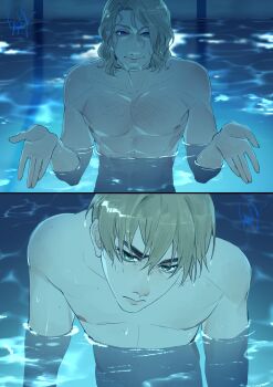 2boys abs absurdres axis_powers_hetalia blonde_hair blurry blurry_background brown_hair chainsaw_man closed_mouth commentary completely_nude english_commentary facial_hair france_(hetalia) green_eyes hair_between_eyes hands_up highres i'll_teach_you_everything_(chainsaw_man) lips long_hair_between_eyes looking_at_another male_focus multiple_boys muscular muscular_male nipples nude parody pectorals pool raphyraphadoom short_hair signature smile united_kingdom_(hetalia) upper_body v-shaped_eyebrows water wavy_hair wet