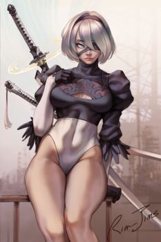 1girl 2b_(nier:automata) artist_name black_hairband blue_eyes clothing_cutout commentary english_commentary gloves hairband highres mole mole_under_mouth nier:automata nier_(series) one_eye_covered rim_jims short_hair solo sword weapon white_hair