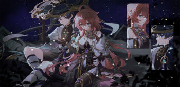 1boy 1girl ahoge anemo_symbol_(genshin_impact) aqua_eyes arm_at_side armor armpit_crease artist_request bare_shoulders bishounen black_bodysuit black_bow black_bridal_gauntlets black_gloves black_sandals black_shorts black_skirt black_sleeves black_thighhighs blue_gem blue_hat blue_jingasa blue_sleeves blunt_ends bodysuit bow breasts bridal_gauntlets bright_pupils character_request cleavage_cutout closed_mouth clothing_cutout colored_eyelashes commission couple covered_collarbone cropped_jacket crossed_bangs cut-in electro_symbol_(genshin_impact) expressionless eyeliner feathers fingernails fireflies gem genshin_impact gloves gold gold_collar gold_ring gold_thighlet gold_trim grass hair_between_eyes hair_bow hakama hakama_shorts hand_on_another's_waist hand_up hat hat_tip hetero highres huge_ahoge jacket japanese_armor japanese_clothes jewelry jingasa kimono kote kurokote large_breasts layered_skirt layered_sleeves leg_warmers long_hair long_sidelocks long_sleeves makeup mandala mandarin_collar middle_ring night oc_x_canon open_clothes open_hand open_jacket original parted_lips pink_hair pleated_shorts pom_pom_(clothes) purple_eyes purple_gem purple_rope purple_sash red_eyeliner ribbed_shirt rope sandals sash scaramouche_(genshin_impact) second-party_source shirt short_over_long_sleeves short_sleeves shorts shoulder_cutout shoulder_peek side-by-side side_cape side_slit sidelocks sideways_mouth sitting skirt sky star_(sky) starry_sky stirrup_legwear sumeru_city tassel thighhighs thighlet tilted_headwear toeless_legwear tsurime very_long_hair vision_(genshin_impact) wanderer_(genshin_impact) white_feathers white_jacket white_kimono white_leg_warmers white_pupils white_skirt white_sleeves wispy_bangs yellow_feathers zouri