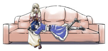 1boy 1girl acolyte_(ragnarok_online) armored_boots blonde_hair blue_cape blue_jacket boots brown_eyes brown_shirt brown_shoes cape capelet closed_eyes commentary_request couch couple full_body fur-trimmed_cape fur-trimmed_jacket fur_trim hetero jacket lap_pillow long_sleeves looking_at_another lying on_couch on_stomach open_mouth ragnarok_online shirt shoes short_hair short_sleeves simple_background sitting skirt smile stalker_(ragnarok_online) toriria waist_cape white_background white_capelet white_skirt