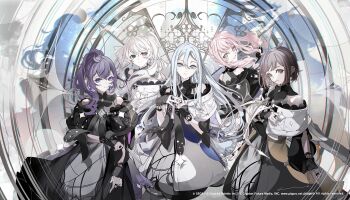 1other 25-ji_miku 25-ji_nightcord_de._(project_sekai) 4girls akiyama_mizuki aqua_eyes arm_at_side asahina_mafuyu black_dress black_wrist_cuffs blue_eyes bob_cut brown_eyes brown_hair clock clock_hands closed_mouth commentary_request copyright_notice cowboy_shot crossed_bangs dress grin guest_art hair_between_eyes hair_over_shoulder hand_on_own_chest hands_up hatsune_miku heterochromia high_collar high_ponytail highres jewelry lace-trimmed_wrist_cuffs lace_trim long_dress long_hair long_sidelocks looking_at_viewer multiple_girls off-shoulder_dress off_shoulder official_alternate_costume official_art pink_eyes pink_hair ponytail project_sekai purple_eyes purple_hair ring second-party_source shadow shinonome_ena short_hair side_ponytail sidelocks sleeveless sleeveless_dress smile swept_bangs twintails very_long_hair vocaloid white_dress white_hair wrist_cuffs yoisaki_kanade yonemuro