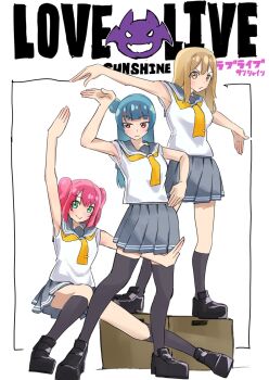3girls arm_up armpits arms_up black_shoes black_socks black_thighhighs blue_hair blunt_bangs box breasts brown_hair cardboard_box commentary_request copyright_name cover cover_page grey_sailor_collar grey_skirt hair_bun highres kneehighs kunikida_hanamaru kurosawa_ruby loafers long_hair love_live! love_live!_sunshine!! manga_cover medium_breasts medium_hair miniskirt morosan!! multiple_girls neckerchief on_box outstretched_arms parody pleated_skirt red_hair sailor_collar school_uniform serafuku shirt shoes sidelocks single_side_bun skirt sleeveless sleeveless_shirt socks soul_eater spread_arms standing standing_on_box summer_uniform thighhighs tie_clip tsushima_yoshiko two_side_up uranohoshi_school_uniform white_background white_shirt yellow_neckerchief