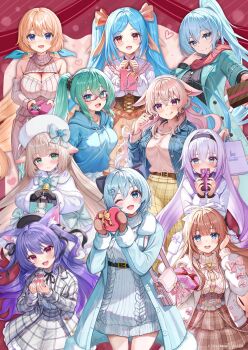 .live 6+girls akabane_(zebrasmise) animal_ear_fluff animal_ears bag bare_shoulders beret black_gloves black_headband black_headwear black_ribbon black_shirt blue_coat blue_eyes blue_hair blue_hoodie blue_jacket blue_ribbon blush bow bowtie box breasts brown_corset brown_hair brown_mittens brown_skirt brown_sweater carro_pino cleavage cleavage_cutout clothing_cutout coat copyright_name corset dennou_shoujo_siro fang fur-trimmed_coat fur_trim gift gift_bag gift_box glass gloves green_bow green_bowtie green_coat green_eyes green_hair hair_ribbon handbag hat headband heart heart-shaped_box high_ponytail highres hood hoodie jacket jewelry kagura_suzu_(.live) kakyouin_chieri long_hair low_twintails merry_milk mittens mokota_mememe multiple_girls nanahoshi_milily neck_ribbon necklace one_eye_closed open_clothes open_coat open_mouth pants pink_bag pink_bow pink_bowtie pink_ribbon pink_shirt plaid_clothes plaid_jacket plaid_pants plaid_skirt ponytail purple_eyes purple_hair red-framed_eyewear red_eyes red_scarf ribbed_sweater ribbon rikumu rurun_rururica scarf shirt short_hair skin_fang skirt smile sweater twintails valentine virtual_youtuber white_bow white_bowtie white_coat white_headwear white_jacket white_ribbon white_shirt wolf_ears yamato_iori yellow_pants