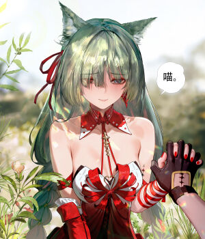 Rule 34 | 1boy, 1girl, absurdres, animal ears, bandaged arm, bandages, bare shoulders, black gloves, blurry, blurry background, blush, braid, breasts, chinese commentary, cleavage, closed mouth, collarbone, commentary request, detached sleeves, dress, earrings, gloves, grey eyes, grey hair, hair ribbon, halter dress, halterneck, heterochromia, highres, jewelry, jin sumire, kemonomimi mode, low twin braids, male rover (wuthering waves), medium breasts, multicolored hair, nail polish, outdoors, phrolova (wuthering waves), pov, pov hands, red dress, red eyes, red nails, red ribbon, ribbon, rover (wuthering waves), single detached sleeve, smile, streaked hair, tacet mark (wuthering waves), translation request, twin braids, upper body, wuthering waves