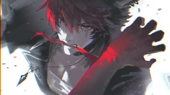 1boy amalgam4242 animal_ears black_choker black_hair black_jacket choker commentary dog_boy hashtag-only_commentary highres jacket komano_manato looking_at_viewer male_focus multicolored_hair partially_open_jacket pectoral_cleavage pectorals red_bandage red_eyes red_hair scar scar_across_eye scar_on_face shirt short_hair simple_background solo teeth white_background white_shirt zenless_zone_zero