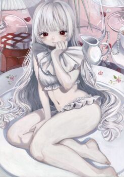 1girl bare_legs barefoot commentary_request crop_top cup eyelashes frills highres jam jar long_hair midriff monou_pico navel original panties plate red_eyes sitting sleeveless solo teacup teapot tears underwear white_hair white_panties yokozuwari