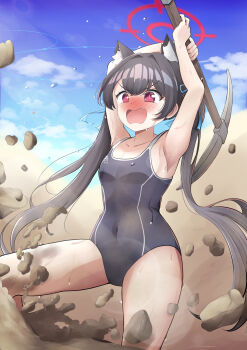 1girl absurdres angry animal_ear_fluff animal_ears armpits arms_up beach black_one-piece_swimsuit blue_archive blue_sky blush breasts cloud commentary_request competition_school_swimsuit covered_navel day drawing_rak fang foreclosure_task_force_(blue_archive) hair_ribbon halo highres holding holding_pickaxe long_hair one-piece_swimsuit open_mouth outdoors pickaxe red_halo ribbon rock sand school_swimsuit serika_(blue_archive) sky small_breasts solo standing swimsuit twintails v-shaped_eyebrows wavy_mouth wet
