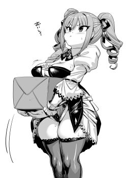 Rule 34 | 1girl, :t, absurdres, box, breasts, clothes lift, commentary request, drill hair, greyscale, highres, holding, holding box, idolmaster, idolmaster cinderella girls, kanzaki ranko, monochrome, panties, pantyshot, pout, skindentation, skirt, skirt lift, solo, standing, sweat, thighhighs, tukiwani, twin drills, underwear, v-shaped eyebrows