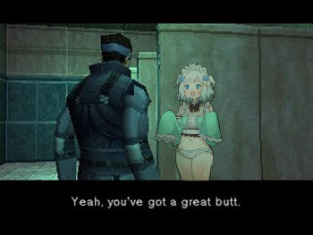 1boy 1girl :d absurdres black_bow black_bowtie blue_eyes blush bow bowtie crossover english_text frilled_panties frilled_sleeves frills from_behind game_screenshot_background ghost_girl gradient_hair highres indie_virtual_youtuber indoors jaggy_lines letterboxed looking_at_another low_ponytail lowleg lowleg_panties maplesights metal_gear_(series) metal_gear_solid mint_fantome multicolored_hair navel open_mouth panties ponytail scene_reference screenshot_background sleeves_past_fingers sleeves_past_wrists smile solid_snake sweatdrop two_side_up underwear virtual_youtuber white_panties