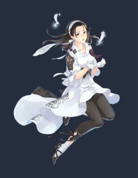 1girl absurdres black_pants blue_background brown_eyes brown_hair crying dress feathers full_body gloves hairband highres kazama_jun long_hair looking_at_viewer namco non-web_source official_art pants parted_lips sagara_hiromi simple_background solo tekken tekken_2 tekken_8 tekken_tag_tournament tekken_tag_tournament_2 white_dress white_feathers white_gloves white_hairband