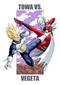 1boy 1girl absurdres aqua_eyes armor black_bodysuit blonde_hair blue_bodysuit blue_skin bodysuit boots breasts character_name clenched_teeth clothing_cutout colored_skin colored_tongue commentary_request covered_pectorals demon_girl dragon_ball dragon_ball_online dragon_ball_xenoverse earrings fighting fingernails gem gloves high_heels highres holding holding_staff jewelry kicking large_breasts long_fingernails long_hair looking_at_another looking_to_the_side mikidai7 multicolored_bodysuit muscular muscular_male open_mouth pectorals pointy_ears potara_earrings purple_eyes purple_gem purple_sky purple_tongue red_bodysuit red_nails red_shoes saiyan saiyan_armor shoes short_hair sky sphere_earrings spiked_hair staff stomach_cutout super_saiyan teeth towa_(dragon_ball) underboob underboob_cutout vegeta vs white_armor white_boots white_gloves white_hair widow's_peak