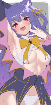 .live 1girl absurdres animal_ears armpits biro-budou breasts commentary_request fang grey_background groin hair_ornament highres looking_at_viewer navel panties presenting_armpit purple_hair red_eyes ribbon rurun_rururica small_breasts solo sweat underwear virtual_youtuber wolf_ears