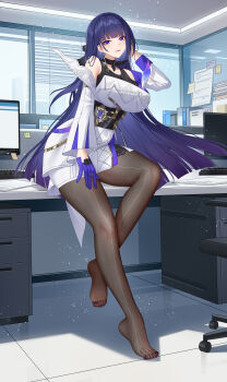 1girl absurdres desk feet highres honkai_(series) honkai_impact_3rd light_smile long_hair looking_at_viewer office pantyhose purple_eyes raiden_mei toes wu_ganlan_cai