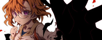 1girl blush commentary crying glasses hair_ornament higanbana_no_saku_yoru_ni long_sleeves magic moriya_marie name_tag open_mouth orange_hair purple_eyes rabbit_hair_ornament shirt short_hair solo symbol-only_commentary tears umibenokurage white_shirt