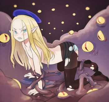 akaikuloko all_fours aqua_eyes beret blonde_hair blue_hat elf flat_chest hat long_hair maria_(shiboritoranaide_onna_shounin-san) monster multiple_eyes panties pantyhose pointy_ears shiboritoranaide_onna_shounin-san striped_clothes striped_panties testicles topless_female torn_clothes torn_pantyhose underwear