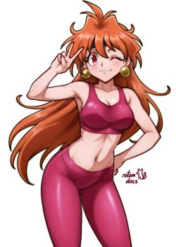 ;) absurdres artist_name bare_arms bare_shoulders black_headband closed_mouth commentary commission cowboy_shot earrings english_commentary fang fang_out gluteal_fold hair_between_eyes hand_on_own_hip headband highres jewelry ko-fi_commission leaning_forward lina_inverse long_hair navel one_eye_closed orange_hair pants pink_pants pink_sports_bra red_eyes rotomdocs simple_background slayers smile sphere_earrings sports_bra sportswear standing v v-shaped_eyebrows very_long_hair white_background yoga_pants