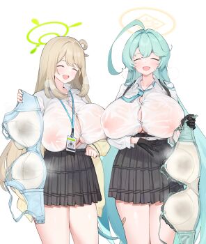 2girls ^_^ ahoge aqua_hair bandaid bandaid_on_leg black_gloves black_skirt blue_archive bra breasts breath bursting_breasts button_gap chest_harness cleavage closed_eyes djheycha gloves halo harness highres holding holding_bra holding_unworn_clothes holding_underwear holding_unworn_clothes huge_ahoge huge_breasts lanyard light_brown_hair long_hair multiple_girls nonomi_(blue_archive) plaid_clothes plaid_skirt pleated_skirt presenting_bra removing_bra_under_shirt school_uniform see-through_clothes shirt shirt_tucked_in simple_background skirt sweat sweaty_clothes underwear unworn_bra very_long_hair white_background white_shirt yume_(blue_archive)