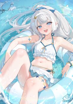 1girl absurdres alice_vu artist_logo artist_name bikini blue_eyes bracelet collarbone commentary fangs female_tyrant_(stella_sora) frilled_bikini frills grey_hair halterneck highres jewelry knee_up logo long_hair looking_at_viewer multiple_bracelets navel on_innertube open_mouth pointy_ears smile solo stella_sora swimsuit symbol-only_commentary symbol-shaped_pupils teeth thighs tyrant_(stella_sora) upper_teeth_only very_long_hair wet white_bikini