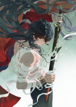 1boy absurdres ahoge bandages beads blade_(honkai:_star_rail) blue_hair bracelet broken broken_sword broken_weapon chinese_commentary commentary_request earrings gradient_hair guaisanmu hair_ornament hand_on_hilt highres holding holding_sword holding_weapon honkai:_star_rail honkai_(series) jacket jewelry long_hair male_focus multicolored_hair necklace open_clothes pants red_jacket scar sword toned toned_male very_long_hair weapon