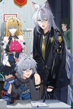 2boys 2girls ahoge anger_vein animal_ear_fluff animal_ears bare_shoulders black_gloves black_hair black_jacket black_pants blonde_hair breasts cat_boy cat_ears cat_tail cissia_(zenless_zone_zero) cleavage clothing_cutout collarbone commentary_request crossed_bangs detached_sleeves empty_eyes glove_cutout gloves grey_hair grey_shirt hair_between_eyes hair_ornament hairclip head_rest highres holding holding_pen indoors jacket jane_doe_(zenless_zone_zero) long_hair medium_breasts mouse_ears mouse_girl multiple_boys multiple_girls nao_(naoooo_a) necktie open_mouth pants pen police police_badge police_uniform policeman pom_pom_(clothes) pom_pom_hair_ornament purple_eyes seth_lowell severian_lowell shirt shock_collar short_hair snake tail trembling underboob white_snake yellow_eyes yellow_necktie zenless_zone_zero