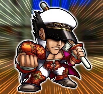 Rule 34 | 1boy, action lines, alternate color, armor, bahn, bandaged chest, bandaged hand, black hair, chibi, clenched hands, fighting vipers, hat, hat over eyes, hidden eyes, jacket, muscular, muscular male, open clothes, open jacket, sega, short hair, shoulder armor, spiked hair, toothpick, westmaison, white jacket