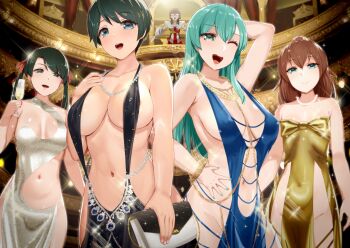 Rule 34 | 5girls, :d, ;d, alternate breast size (larger), aqua eyes, aqua hair, areola slip, arm up, armpits, backless dress, backless outfit, black hair, blue dress, breasts, brown hair, closed mouth, commentary request, covered navel, cup, dress, glasses, gold dress, green eyes, green hair, hair ornament, hair ribbon, hairclip, hand on own hip, highres, holding, holding cup, indoors, kantai collection, kumano (kancolle), kusaka souji, large breasts, long hair, looking at viewer, mikuma (kancolle), mogador (kancolle), mogami (kancolle), multiple girls, navel, one eye closed, open mouth, ponytail, red ribbon, ribbon, short hair, sideless dress, smile, standing, stomach, suzuya (kancolle), tongue, twintails, white dress