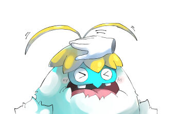 Rule 34 | > <, blush, closed eyes, commentary request, crabominable, disembodied hand, gen 7 pokemon, headpat, highres, motion lines, nintendo, no humans, open mouth, pokemon, pokemon (creature), pokemon focus, sax (sax e), simple background, solo, teeth, tongue, white background