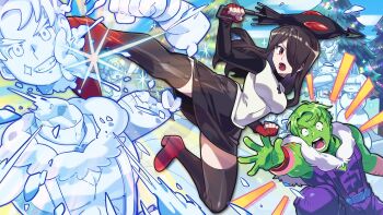 :o beowulf_(skullgirls) black_hair black_skirt black_thighhighs black_umbrella breasts chair character_snowman closed_umbrella constricted_pupils cosplay cross cross_necklace facial_hair fal0811 fingerless_gloves folding_chair gloves hair_over_one_eye highres holding holding_umbrella jewelry jockstrap long_hair male_underwear necklace notice_lines one_eye_covered open_mouth parasoul_(skullgirls) pencil_skirt reaching reaching_towards_another red_gloves red_shoes second-party_source shoes skirt skullgirls snowman stubble thighhighs tifa_lockhart tifa_lockhart_(cosplay) umbrella underwear