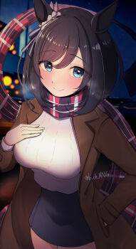 Rule 34 | 1girl, absurdres, alternate costume, animal ears, artist name, black hair, black scarf, black skirt, blue eyes, blush, breasts, brown coat, closed mouth, coat, commentary request, ear ornament, eishin flash (umamusume), hi ch mng, highres, horse ears, horse girl, large breasts, looking at viewer, night, open clothes, open coat, outdoors, pencil skirt, plaid clothes, plaid scarf, scarf, short hair, skirt, smile, solo, sweater, umamusume, white sweater, winter clothes, winter coat