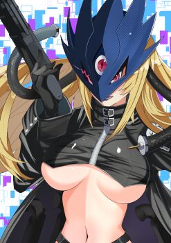 1girl absurdres beelstarmon belt black_belt black_coat black_gloves black_vest blonde_hair blue_mask breasts coat commentary_request cropped_vest digimon digimon_(creature) eye_mask gloves glowing glowing_eye gun hand_up highres holding holding_gun holding_weapon large_breasts leather lipstick long_hair looking_at_viewer lower_teeth_only makeup mask multiple-barrel_gun navel octpus open_clothes open_coat open_mouth partial_commentary purple_eyes purple_lips sidelocks solo standing stomach teeth third_eye underboob upper_body vest weapon zipper
